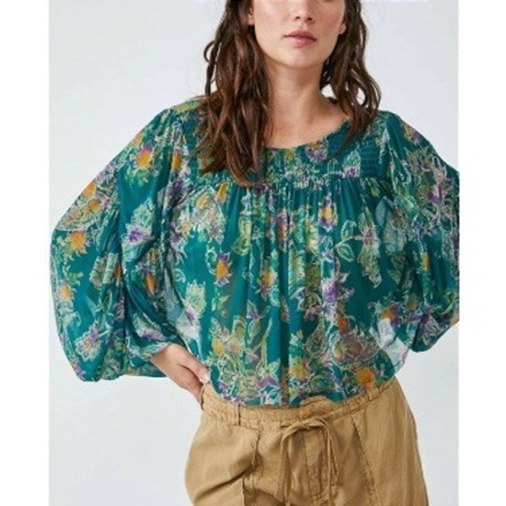 Free People Floral Smocked Blouse Womens S Teal Balloon Sleeve Bohemian Top NWT